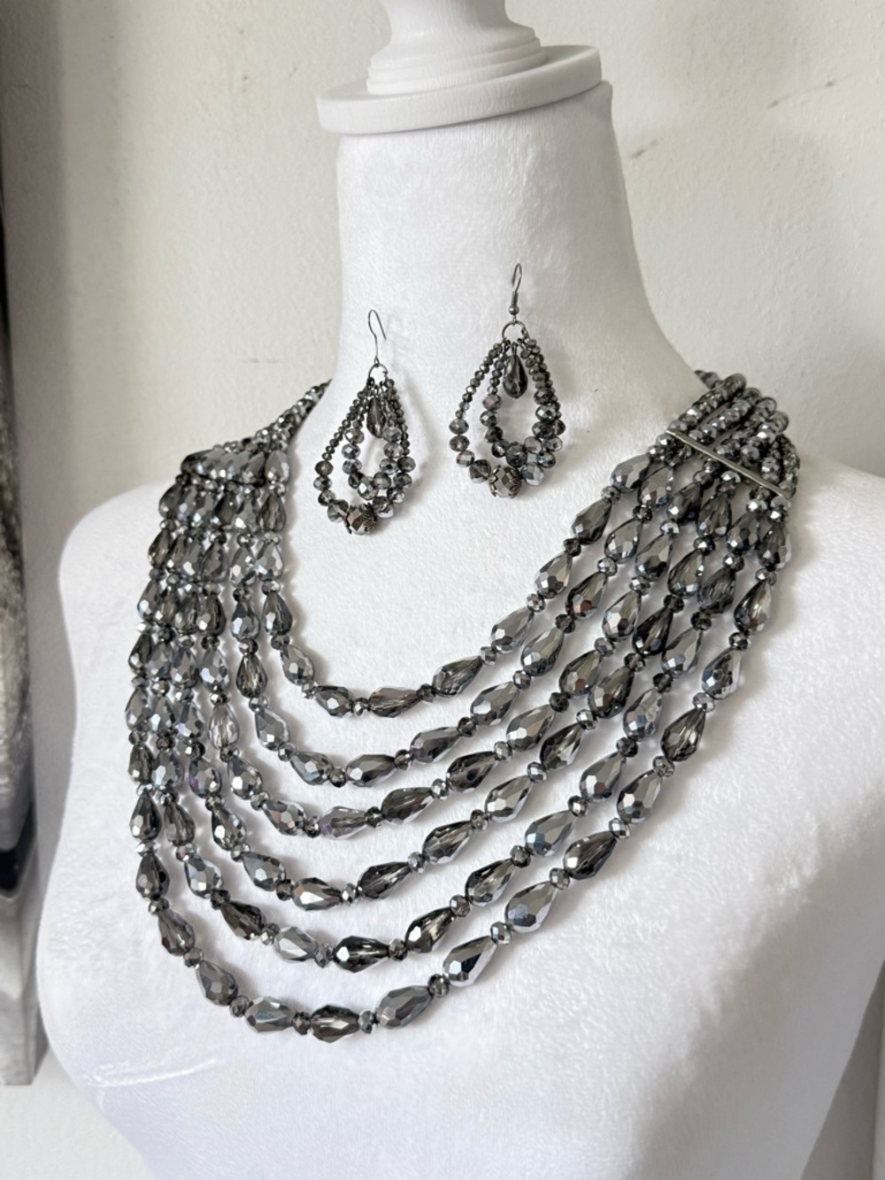 Multi-Strand Hematite Bead Necklace with Matching Earrings - Women's Jewelry